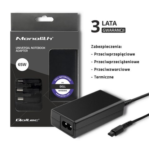 Qoltec Zasilacz specjalizowany do Dell 65W | SmartPlug | 3 wtyczki | +kabel zasilający