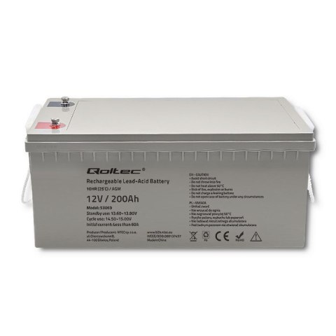 Qoltec Akumulator AGM | 12V | 200Ah | 54.1kg | Bezobsługowy | Mocny | LongLife | do UPS, kampera, łodzi, pieca