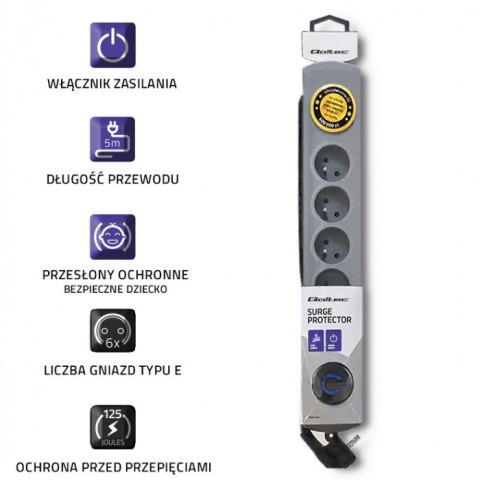 Qoltec Listwa zasilająca antyprzepięciowa | 6 gniazd | 5m | Szara