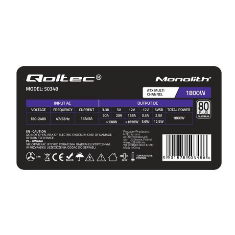 Qoltec Zasilacz ATX 1800W | 80 Plus Platinum | Data mining