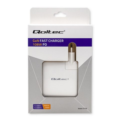 Qoltec Ładowarka GaN FAST 108W | 5-20V | 3-4.7A | USB C | Laptop | Smartfon | Biała