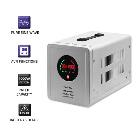 Qoltec Zasilacz awaryjny UPS 1000VA/700 | Przetwornica 12/230V z AVR | SF | Sinus