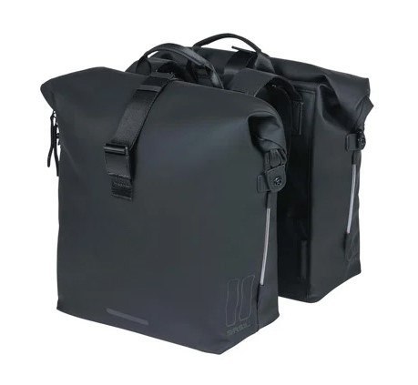 Sakwa podwójna BASIL SOHO DOUBLE PANNIER BAG NORDLICHT Universal Bridge System 41L, 100% wodoodporna night black oświetlenie Nor