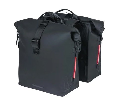 Sakwa podwójna BASIL SOHO DOUBLE PANNIER BAG NORDLICHT Universal Bridge System 41L, 100% wodoodporna night black oświetlenie Nor