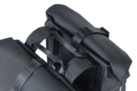 Sakwa podwójna BASIL SOHO DOUBLE PANNIER BAG NORDLICHT Universal Bridge System 41L, 100% wodoodporna night black oświetlenie Nor