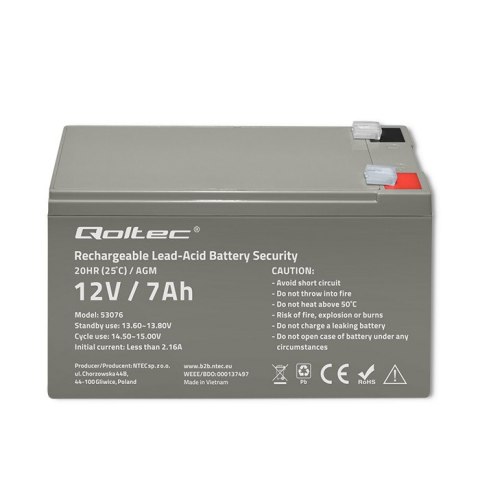Qoltec Akumulator AGM | 12V | 7Ah | Bezobsługowy | Wydajny | LongLife | do UPS, security