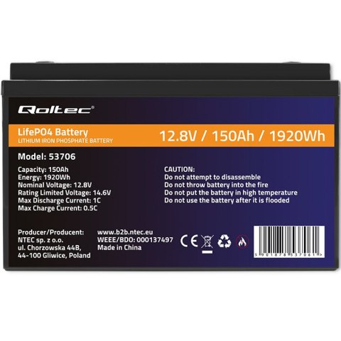 Qoltec Akumulator LiFePO4 Litowo-Żelazowo-Fosforanowy | 12.8V | 150Ah | 1920Wh| BMS