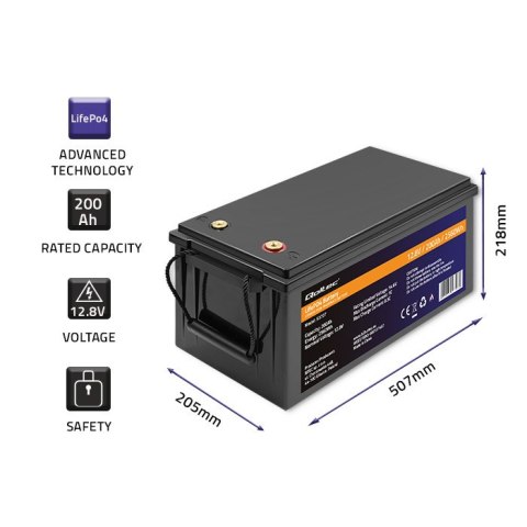 Qoltec Akumulator LiFePO4 Litowo-Żelazowo-Fosforanowy | 12.8V | 200Ah | 2560Wh | BMS