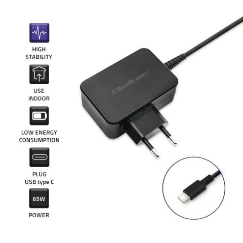 Qoltec Ładowarka sieciowa 65W | 5-20V | 3-3.25A | USB typ C | PD | Laptop | Smartfon | Czarna