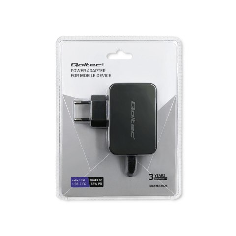 Qoltec Ładowarka sieciowa 65W | 5-20V | 3-3.25A | USB typ C | PD | Laptop | Smartfon | Czarna