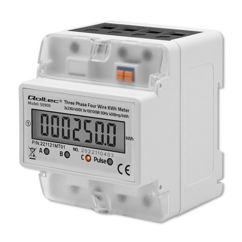 Qoltec Trójfazowy elektroniczny licznik | miernik zużycia energii na szynę DIN | 400V | 100A | LCD | 4P