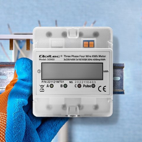 Qoltec Trójfazowy elektroniczny licznik | miernik zużycia energii na szynę DIN | 400V | 100A | LCD | 4P