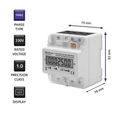 Qoltec Trójfazowy elektroniczny licznik | miernik zużycia energii na szynę DIN | 400V | 100A | LCD | 4P