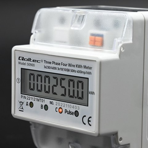 Qoltec Trójfazowy elektroniczny licznik | miernik zużycia energii na szynę DIN | 400V | 100A | LCD | 4P