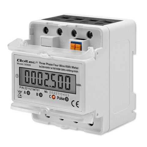 Qoltec Trójfazowy elektroniczny licznik | miernik zużycia energii na szynę DIN | 400V | 100A | LCD | 4P