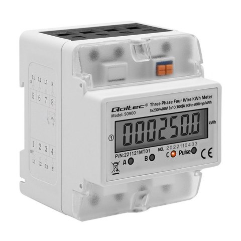 Qoltec Trójfazowy elektroniczny licznik | miernik zużycia energii na szynę DIN | 400V | 100A | LCD | 4P