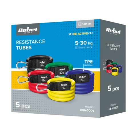Zestaw gum oporowych do ćwiczeń - Power Tube Set , 5-80 kg, 5 gumy, REBEL ACTIVE