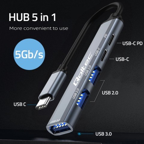 Qoltec Hub Adapter USB-C 3.1 5w1 | USB-C PD| USB-C | 2x USB 2.0 | USB 3.0