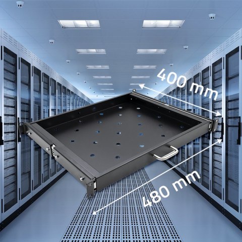 Qoltec Solidna stalowa Półka z uchwytem do szafy RACK | 600*600 | Wysuwana | Czarna