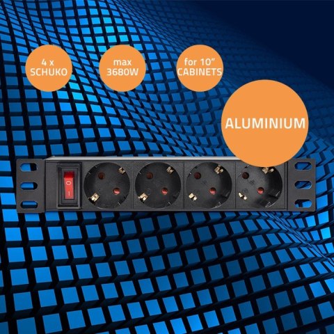 Qoltec Aluminiowa Listwa zasilająca PDU do RACK 10'' | 1U | 16A | 4xSCHUKO | 1.8m