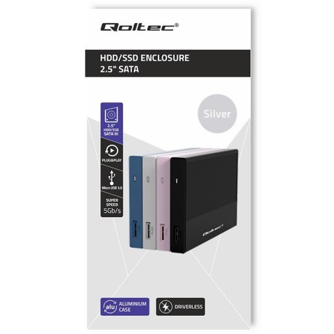 Qoltec Aluminiowa Obudowa | Kieszeń na dysk SSD HDD 2.5" | SATA | USB 3.0 | Super speed 5Gb/s | 2TB | Srebrny