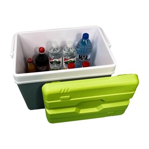 Lodówka turystyczna 35L KAMAI EDA na wkłady mrożące, szara z białą rączką i zieloną pokrywą