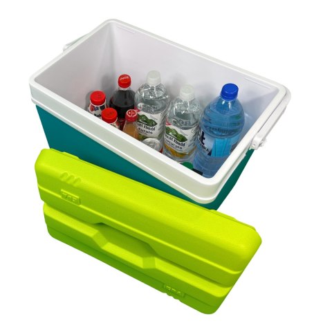 Lodówka turystyczna 35L KAMAI EDA na wkłady mrożące, turkusowa z białą rączką i zieloną pokrywą