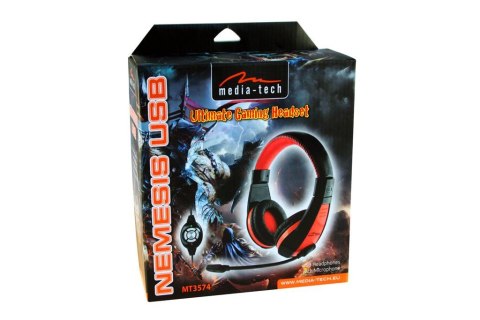 NEMESIS USB - Słuchawki stereo z mikrofonem, złącze USB, pilot na kablu z regulacją dźwięku i mikrofonu, dla graczy