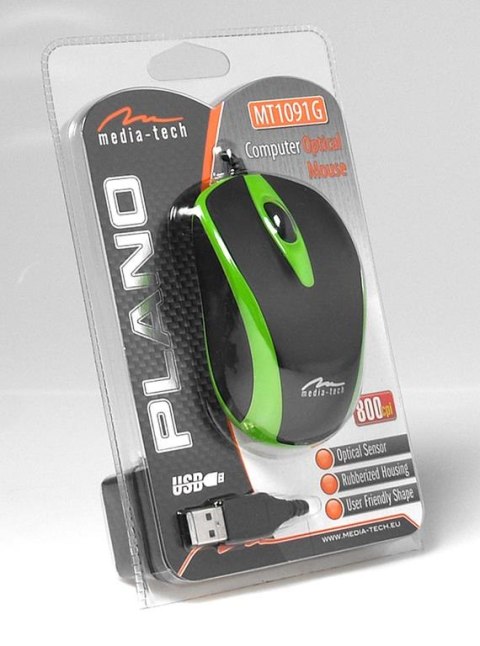 PLANO - Myszka optyczna 800 cpi, 3 przyciski + rolka, interfejs USB, gumowana obudowa kolor zielony