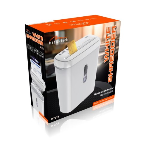 WHITE SHREDDER - Biała niszczarka dokumentów, cięcie w paski 6,8mm, jednorazowo do 5 kartek, szybkość 3,8m/min, pojemność kosza 