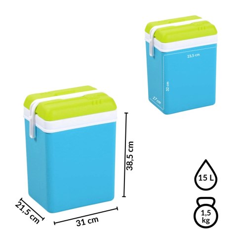 Lodówka turystyczna 15L KAMAI EDA na wkłady mrożące, turkusowa z białą rączką i zieloną pokrywą, pojemność