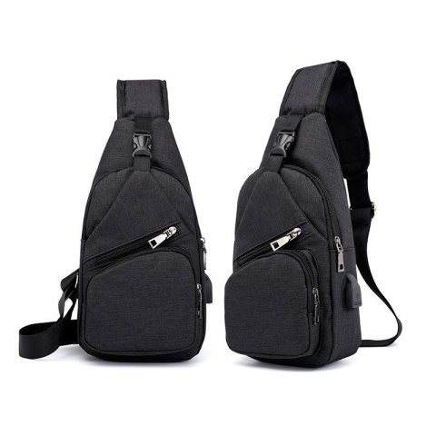 Sportowy plecak na jedno ramię, nerka z USB- czarny