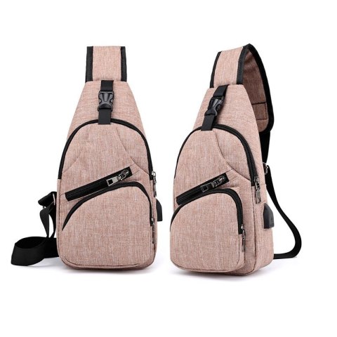 Sportowy plecak na jedno ramię, nerka z USB- jasny brąz