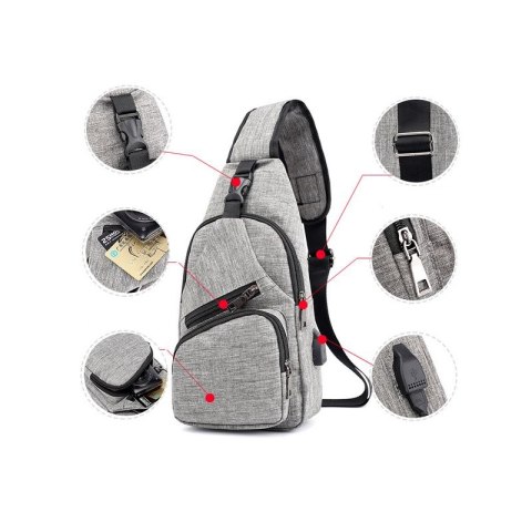 Sportowy plecak na jedno ramię, nerka z USB- jasny brąz