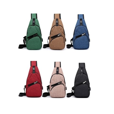 Sportowy plecak na jedno ramię, nerka z USB- jasny brąz