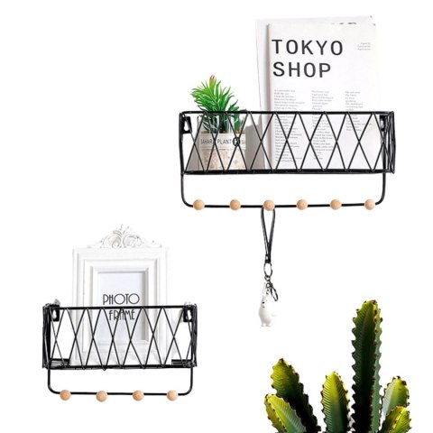 Wisząca półka z wieszakami, styl LOFT- czarna, 25,5cm