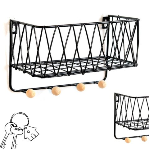 Wisząca półka z wieszakami, styl LOFT- czarna, 25,5cm