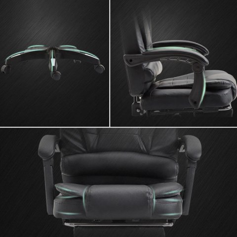 Obrotowy fotel biurowy BIZNES z masażerem i podnóżkiem, skóra - czarny