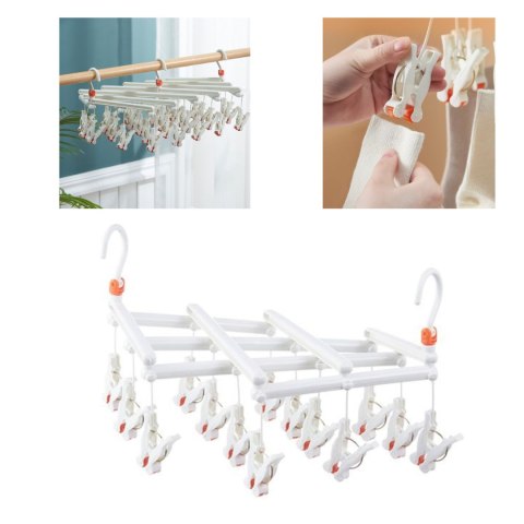 Praktyczny składany wieszak suszarka na ubrania z klipsami, 14 klipsów, biały