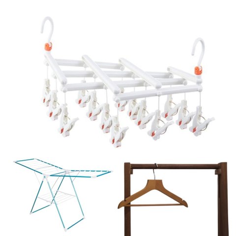 Praktyczny składany wieszak suszarka na ubrania z klipsami, 14 klipsów, biały