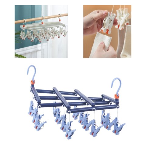 Praktyczny składany wieszak suszarka na ubrania z klipsami, 14 klipsów, ciemnoniebieski