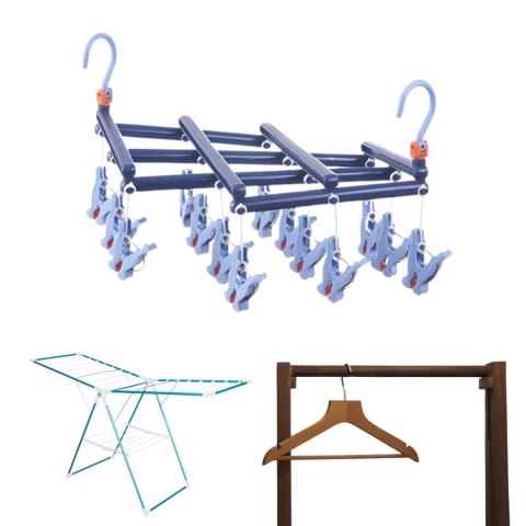 Praktyczny składany wieszak suszarka na ubrania z klipsami, 14 klipsów, ciemnoniebieski