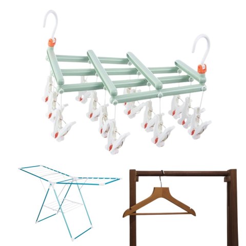 Praktyczny składany wieszak suszarka na ubrania z klipsami, 14 klipsów, zielony