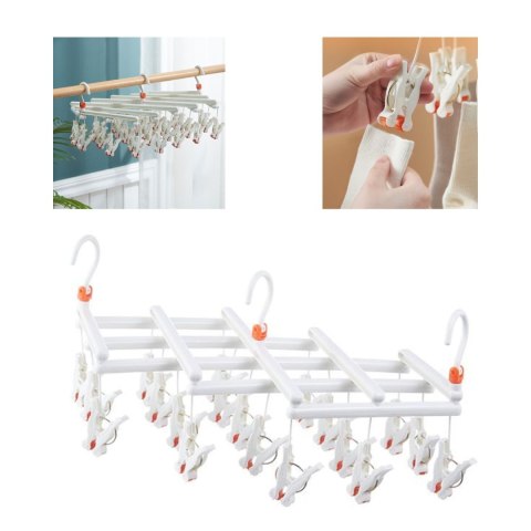 Praktyczny składany wieszak suszarka na ubrania z klipsami, 19 klipsów, biały