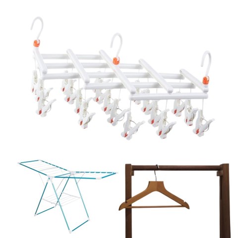 Praktyczny składany wieszak suszarka na ubrania z klipsami, 19 klipsów, biały