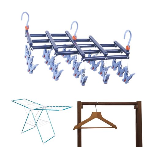 Praktyczny składany wieszak suszarka na ubrania z klipsami, 19 klipsów, ciemnoniebieski