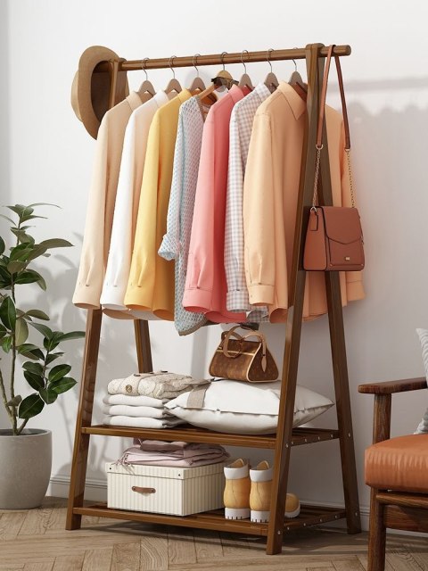 Bambusowy wolnostojący trapezowy wieszak na ubrania z 2-poziomowymi półkami, długość 86 cm