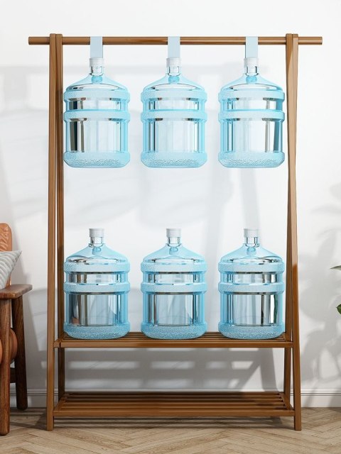 Bambusowy wolnostojący trapezowy wieszak na ubrania z 2-poziomowymi półkami, długość 86 cm