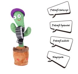 Zabawka dla dzieci - Tańczący kaktus - z czarnym szalikiem w kratę i fioletowym kapeluszem