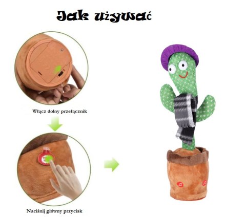 Zabawka dla dzieci - Tańczący kaktus - z czarnym szalikiem w kratę i fioletowym kapeluszem